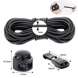Corda elastica in gomma, 10 m x 3 mm, rotonda, con fermacavi e morsetto per cordino, corda in gomma, corda elastica per fai da te, zaini, lacci, nero