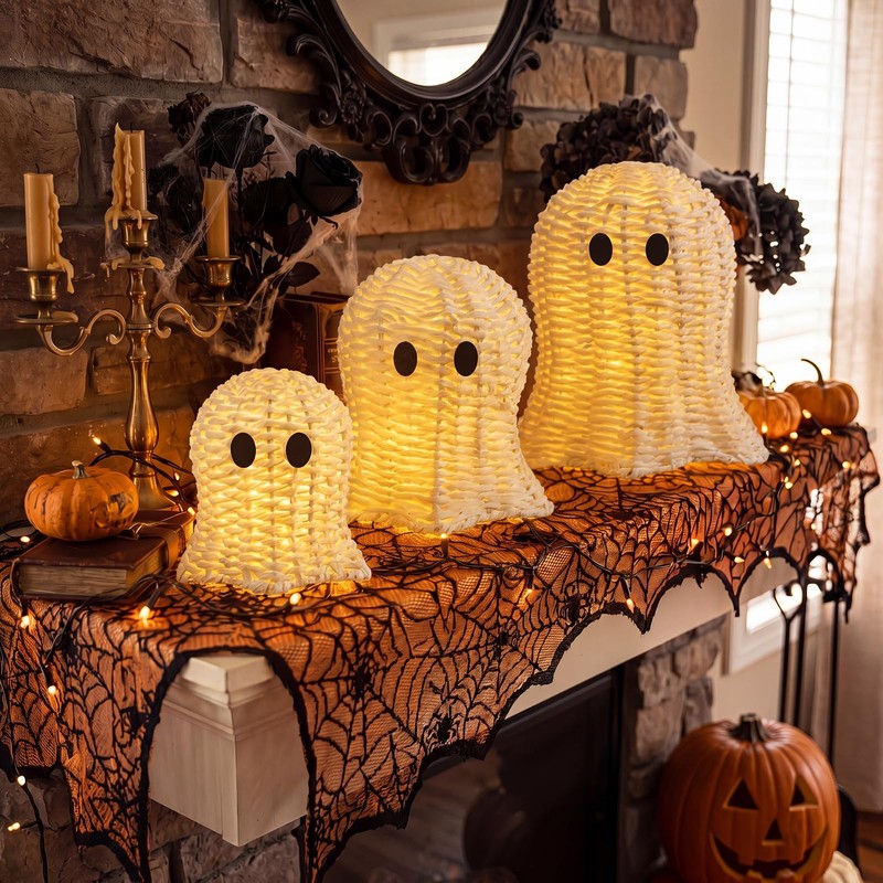 Geelin 3 Pcs Woven Ghost Decor with LED String Lights
