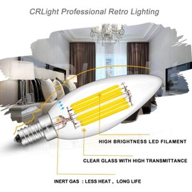CRLight 6W LED Candelabra Bulb 4000K Daylight White, 70W Equivalent 700LM Dimmable, E12 Base Vintage Edison Style Clear Glass B10 Candle Torpedo Shape Bullet Top LED Chandelier Light Bulbs, Pack of 6