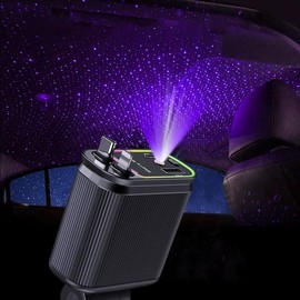【Starlight In Car Roof】4 in 1 Retractable Car Charger, Double Type C Fast Charging Adapter[Max100W] with Lightning Cable&Dual Charge Port - Color: Blue Purple Starlight-Black Style