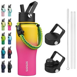 BJPKPK Insulated Water Bottles with Straw Lid, 23oz Metal Water Bottle with 2 lids & Paracord Strap, Double Wall Stainless Steel Vacuum Tumblers, Cups,Thermos for Hot& Cold Drinks, Pink & Yellow Rose