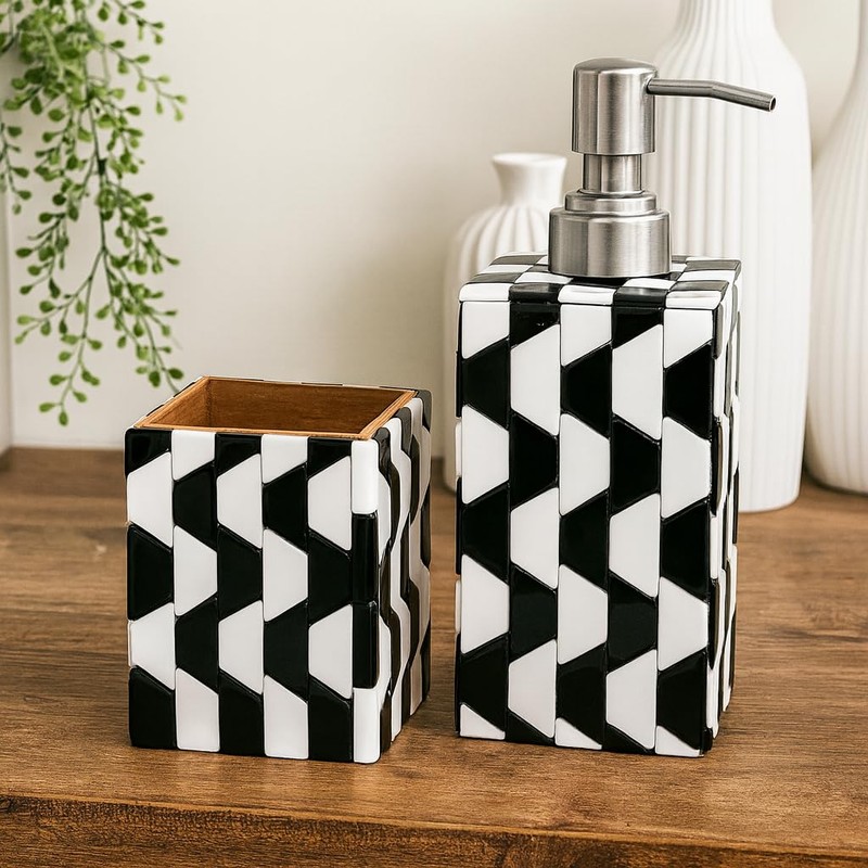 Handcrafted Black and White Bone Inlay Bathroom Set Soap Dispenser