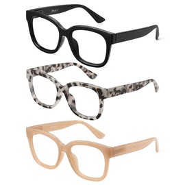 JM Reading Glasses for Women Oprah Style 3 Pack Square Oversized Readers with Spring Hinge Blue Light Blocking Ladies +1.75