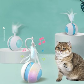 Cat Super Smart Fully Automatic Ball Bird Saying Gradient LED Light USB Charging Cat Teaser Electric Feather Toy for Cat (Blue)