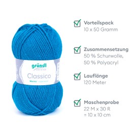 Gründl Classico wool (Oeko-Tex® Certified Knitting Yarn/crochet Yarn Made From 50% Virgin Wool (merino Superwash) and 50% Polyacrylic, 50 g/120 m. Needle Size: 3.5 - 4.5, 10 Balls of 50 g, Gentian Blue