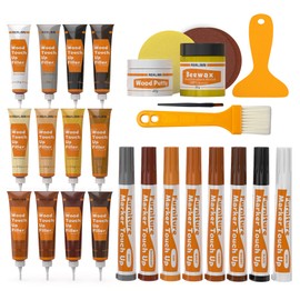 REALINN Wood Furniture Repair Kit- Set of 28 - Touch Up Markers, Fillers with Wood Putty - Repair Scratch, Cracks, Hole, Discoloration for Wooden Door, Floor, Table, Cabinet