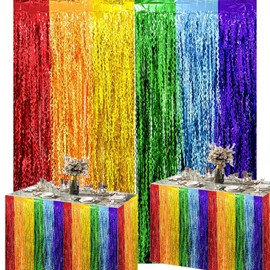 Foil Fringe Garland Table Skirt Metallic Tinsel Backdrop for Baby Shower Banquet Parade Trailer Mardi Gras Birthday Wedding Christmas Party (Wavy Rainbow)