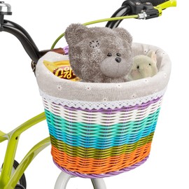 CXWXC Kids Bike Basket - Front Bicycle Bike Basket for Girls - Handmade Woven Wicker Bike Baskets with Liner Detachable, Adjustable PU Straps (Rainbow)