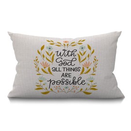 BGBDEIA Cushion Cover with God All Things are Possible Inspirational Quote Branches Flowers Rectangular Throw Pillow Cover for Couch Sofa Home Decor Cotton Linen 12x20 Inch 30 x 50 cm