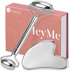 BAIMEI IcyMe Stainless Steel Gua Sha Tool & Face Roller Set | Facial Massage Tool for Face, Neck and Body, Cooling Metal Skin Care Tools for Depuffing