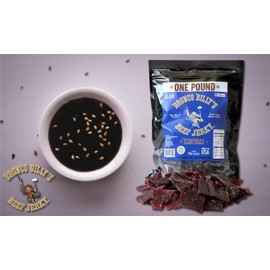Bronco Billy's Beef Jerky Teriyaki One Pound Resealable Bag, Made in USA with Premium USDA Beef, Hand Cut, Hand Strung, Hand Packed