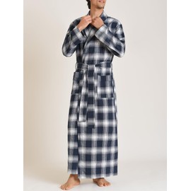 Latuza Men's Cotton Flannel Long Robe Full Length Plaid Bathrobe L Navy