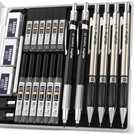 Nicpro 6PCS Art Mechanical Pencil Set, 4 PCS Metal Drafting Pencil 0.3mm & 0.5 mm & 0.7 mm & 0.9 mm & 2 PCS 2mm Lead Holder (2B HB 2H) For Sketching Drawing With 12 Tube Lead Refills Case