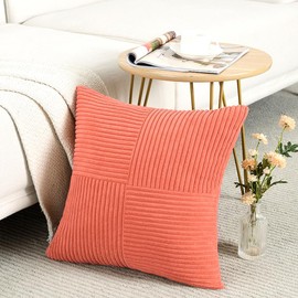 Fancy Homi 2 Packs Coral Decorative Throw Pillow Covers 16x16 Inch for Living Room Couch, Rustic Farmhouse Boho Home Decor, Soft Corss Patchwork Corduroy Textured Square Peach Cushion Case 40x40 cm