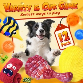 KIPRITII 12-Pack Large Dog Chew Toys for Aggressive Chewers - Includes Indestructible Chew Bone, Interactive Tug Toys, Squeaky Toys, Great for Medium & Large Breeds Dog