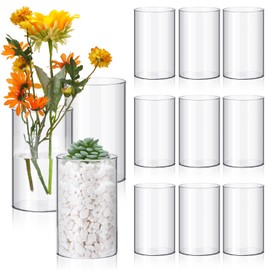 Vesici 12 Pcs Plastic Cylinder Vase 6 Inch Acrylic Cylinder Vase Bulk Clear Flower Vase Hurricane Candle Holder Round Wide Container Centerpiece for Home Office Wedding Decorations