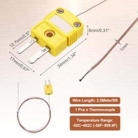 sourcing map K Type Thermocouple Mini Connector Temperature Probe Sensor, 8ft Measure Range -50C-482C for Thermometer, 1mm OD Wire