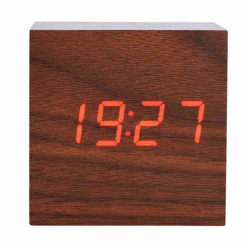 6x6x6cm Wooden Electronic Digital Alarm Desk Clock Temperature LED Display