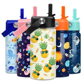 Kids Water Bottle Pineapple Water Bottles 12oz with Straw Insulated Stainless Steel Travel School Tumbler Double Wall Vacuum Cup for Girls Kid Boys