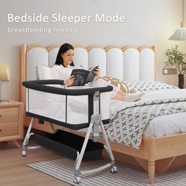 Donpemu Baby Bassinet with Musical Toy,3 in 1 Baby Bassinets Bedside Sleeper,All Mesh Bedside Bassinet with Storage Basket and Wheels,7 Height Adjustable Bedside Crib for 0-6 Months Baby (Black)