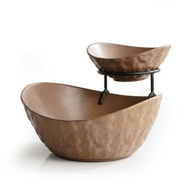 KOKUNKA 2 Tierd Fruit Bowl Set with Metal Stand Porcelain Fruit Basket for Kitchen Counter Fruit Holder Food Display Set for Party Fruit, Vegetable, Snack, Nuts, Brown