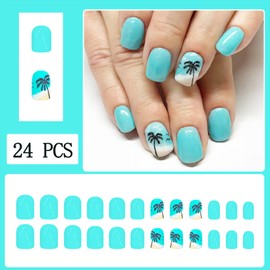 Summer Palm Tree Press-On Nails Short Square False Nails Green Seagull Coconut Tree Pattern Stick-On Nails Summer Acrylic Nail Press-On for Women Girls Nail Art 24 Pieces