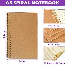 PALUDO Pack of 5 Notebook Lined A5 Spiral Notepad, Kraft Cover Notebooks Blank Page 100 Pages / 50 Sheets Sketch Pad, A5 Notepads Diary Writing Pad Drawing Pad for Travel School Office