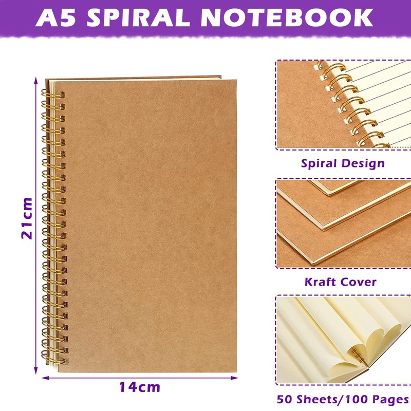 PALUDO Pack of 5 Notebook Lined A5 Spiral Notepad, Kraft