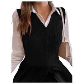 Milumia Women's Cable Knit V Neck Sweater Vest Sleeveless Ribbed Crop Tank Top Black Medium