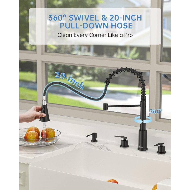 4 Holes Kitchen Faucet Matte Black, Commercial 3 Hole Kitchen