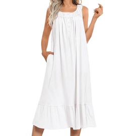 Ekouaer Nightgowns for Women Long Sleeveless Night Gown Victorian Nightdress with Pockets White