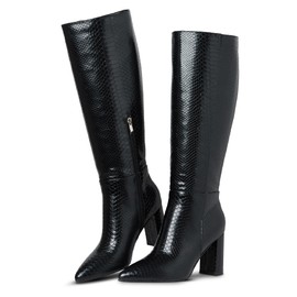 LinnOaks Knee High Round Toe Snake Skin Chunky Heel Slip On Fashion Boots - Black, Size 8