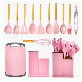 19-Piece Kitchen Cooking Utensil and Knife Set – Stylish Silicone and Stainless Steel Tools with Cutting Board, Scissors, and Premium Cooking Essentials (Pink)