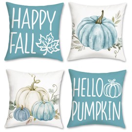 COZZSNUGE Autumn Pumpkin Cushion Covers Blue Pumpkins Fall Velvety Decorative Pillowcases for Sofa Bed Home Patio 45 x 45 cm Set of 4