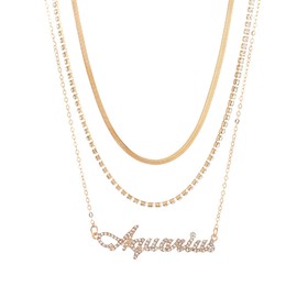 12 Constellation Multilayer Necklace Choker Zodiac Letter Snake Chain Rhinestone Crystal Tennis Chain Collar Birthday Jewelry Gift for Women -Aquarius
