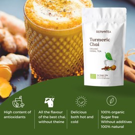 Turmeric Chai Organic 100g (50 Cups) | Ayurveda Herbal Tea with Turmeric, Cinnamon, Ginger, Liquorice and Cocoa REPLANTEA
