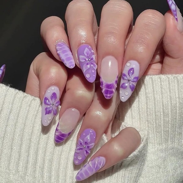 Hibiscus Purple Press on Nails Medium Almond Fake Nails 30Pcs,