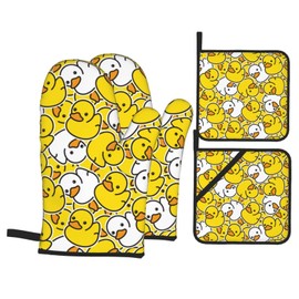 Cute Yellow Duck Oven Mitts and Pot Holders Set of 4, Oven Mittens and Potholders Heat Resistant Gloves for Kitchen Cooking Baking Grilling BBQ