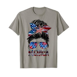 Merica 4th Of July Messy Bun American Flag Tie Dye Womens T-Shirt