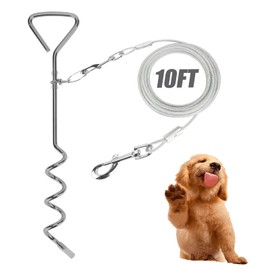 Darkyazi Dog Stake Tie Out Cable and Reflective Stake 16 ft Outdoor, Yard and Camping, for Medium to Large Dogs Up to 125 lbs (10FT /3.048m, Silver)