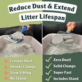 Wubushan Cat litter scoop with holder, Metal litter scoop with stand, Cat scoop with wooden handle, hole spacing 7mm, length 28cm, litter tray scoop, cat scoop for litter box