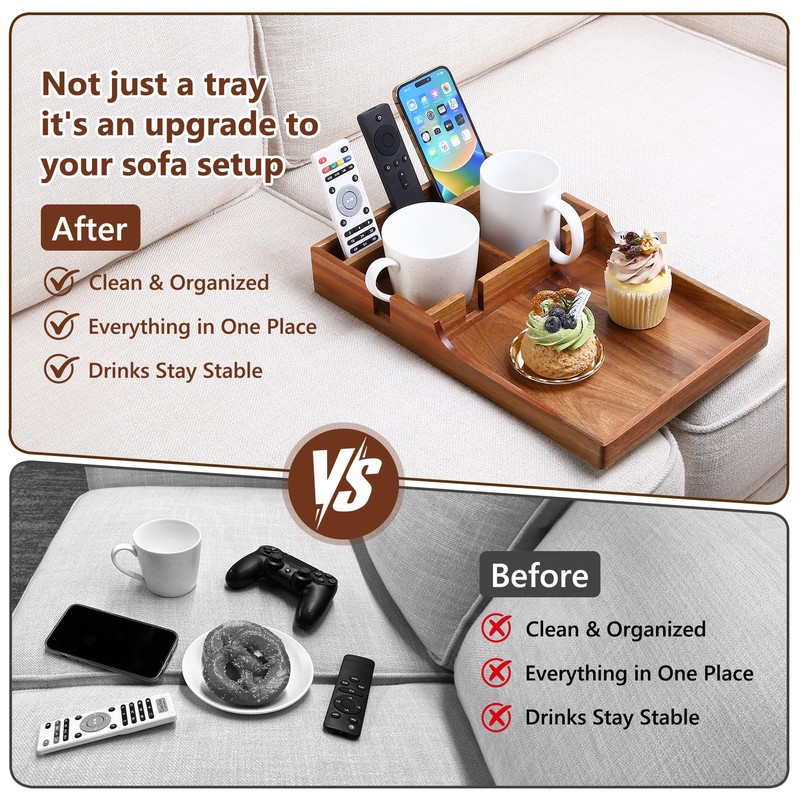 Couch Insert Tray for Middle Seat, Acacia Wood Couch Table