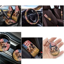 STUOARTE Horse American Flag Printed 12 Pcs Car Seat Covers Full Set for Women Men Car Steering Wheel Cover Seatbelt Cover Armrest Pad Cover Coaster, Universal Fit for Most Cars Truck Van Sedan Truck