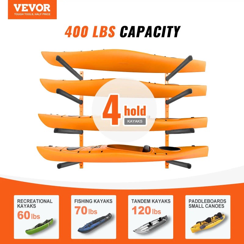 4-Capacity Adjustable Padded Arm Wall Mounted Kayak Storage Rack 400