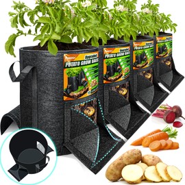 [Upgraded] 4Pcs 15 Gallon Potato Grow Bags with Unique Harvest Window & Visible Window, Non-Woven Planter Pot with Sturdy Handle, Potato Growing Container, Plant Garden Bags to Grow Vegetables, Tomato