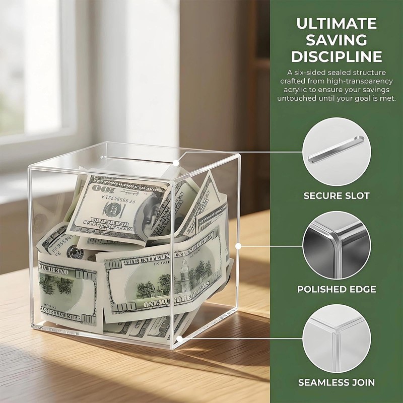 Clear Acrylic Money Box, 12X12X12cm Square Money Saving Box, Unopenable