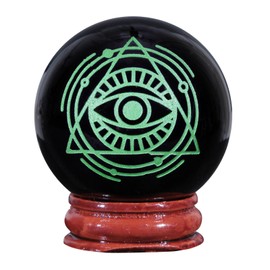 Nupuyai 1.9" Engraved Symbol Obsidian Crystal Ball with Stand, Polished Feng Shui Crystal Sphere Stone Ornament Home Office Decor, Eye of Providence, Green
