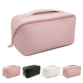 Dayify Large Makeup Bag, Portable Travel Cosmetic Bag, Large Opening PU Leather Makeup Organizer, Toiletry Bag for Travelling, Makeup Brush Storage Bag for Women Girls Gifts (LycheePink)