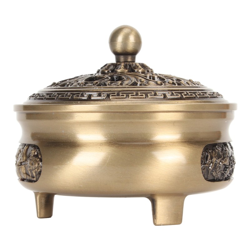 Coil Incense Burner with Lid Antique Beautifully Carved Electroplating Zinc