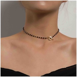 Erimberate Vintage Black Crystal Choker Necklace Bohemian Flower Toggle Chain Necklace Minimalist Gold Flower Necklace Choker Black Rhinestone Clavicle Necklace Jewelry for Women and Girls